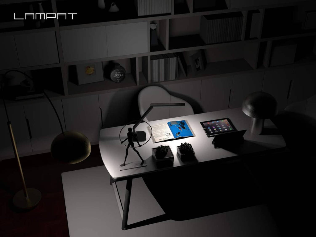 Black LED desk lamp with slim bar and square base on a desk