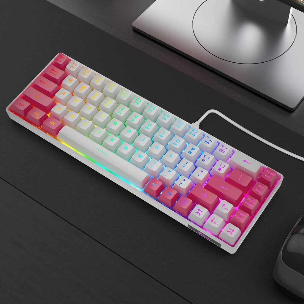 Wired mini gaming keyboard with white and pink RGB-lit keys and multicolor LED strip