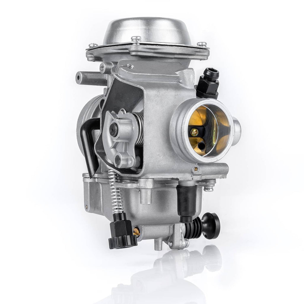 32mm ATV carburetor angled view showing air inlet, choke area, and outlet hose
