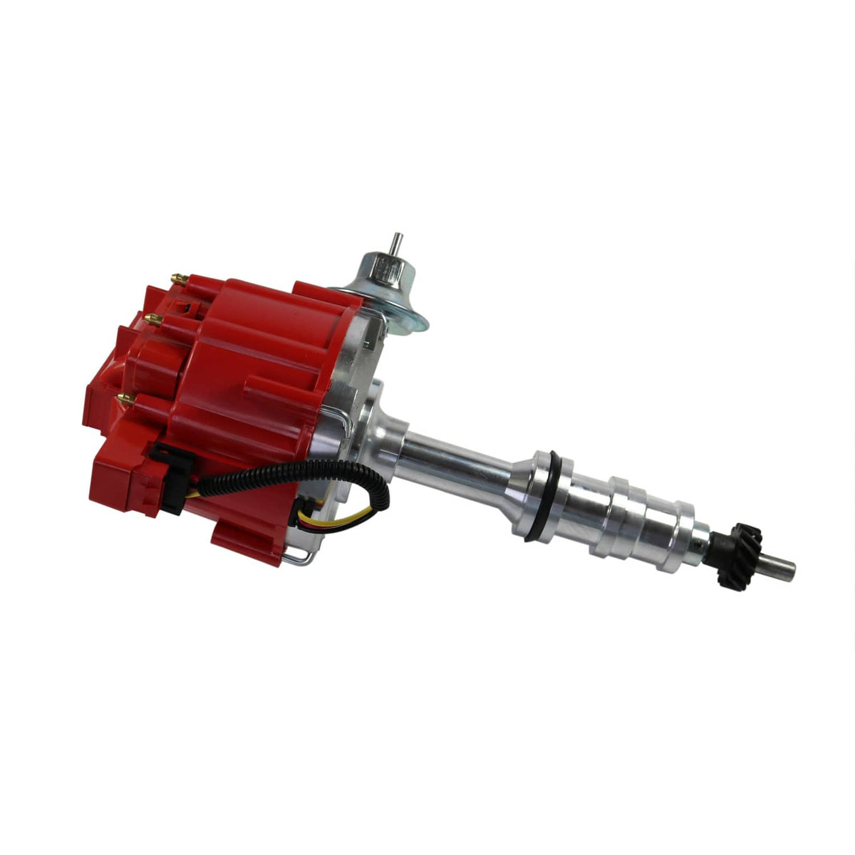 Red ignition distributor with angled view of metal shaft and side mounting hardware