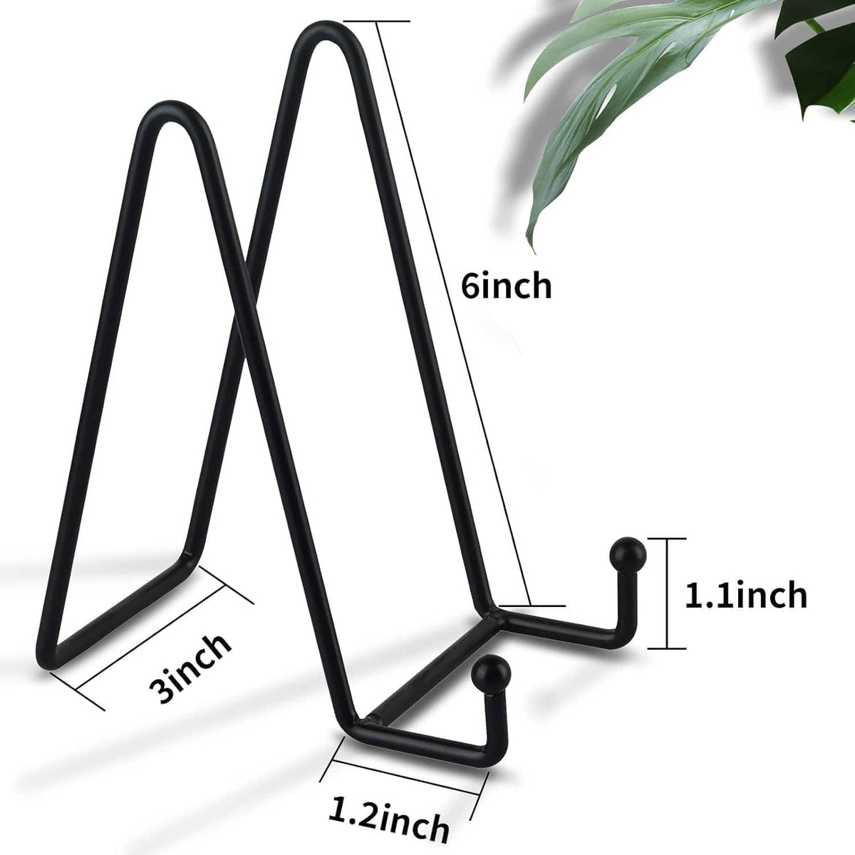 Black 6-inch metal plate stand, angled view with two ball-tipped support arms