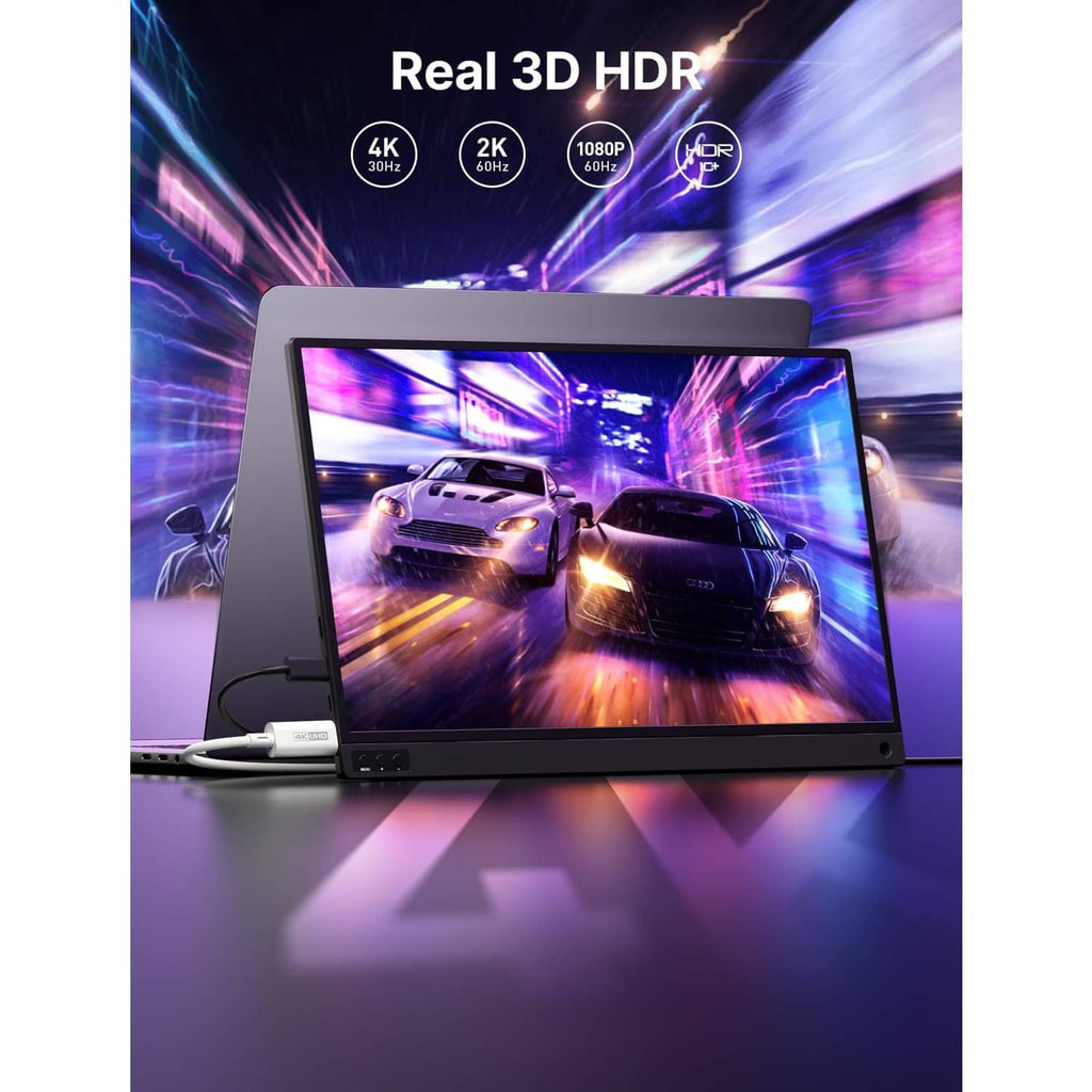 USB-C to mini HDMI cable showing 3D HDR video on a laptop screen