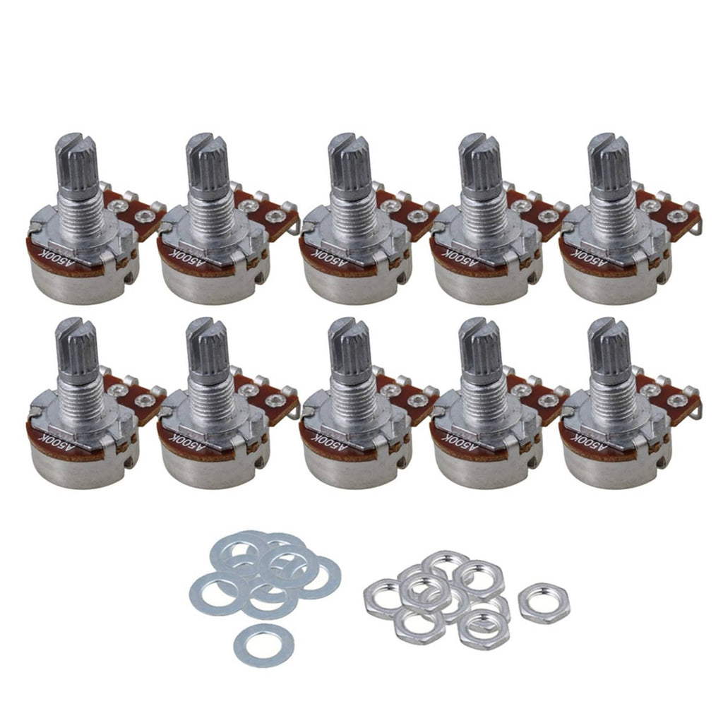 Pack of 10 metal guitar potentiometers with mounting tabs and wire rings, chrome finish