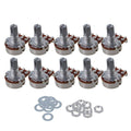 Pack of 10 metal guitar potentiometers with mounting tabs and wire rings, chrome finish
