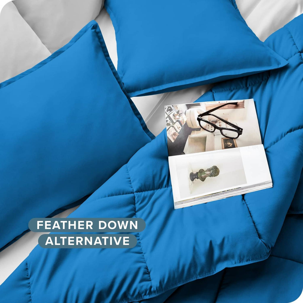 Blue comforter quilt fabric with stitched baffles and textured seam detail