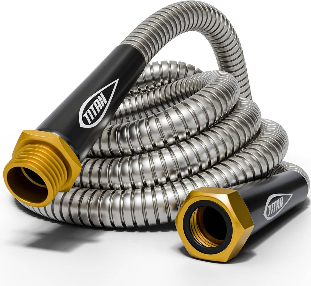 Looped stainless steel hose with black connectors and gold brass threaded ends