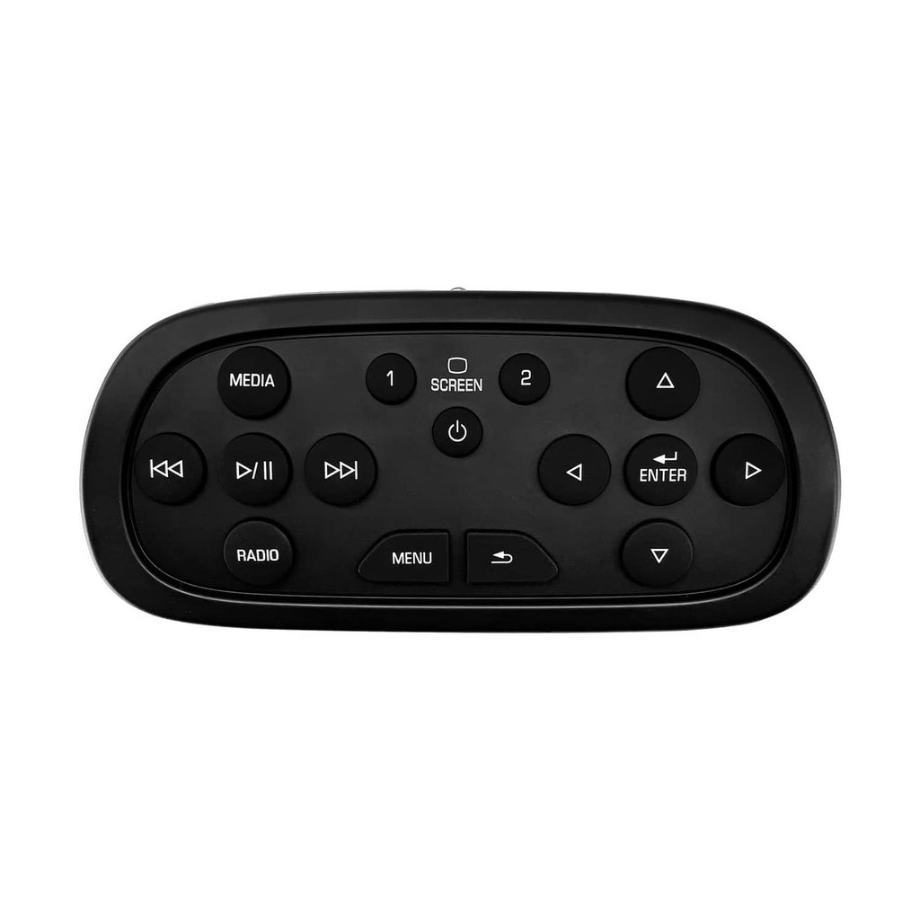 Black rear overhead display screen remote control with circular button layout
