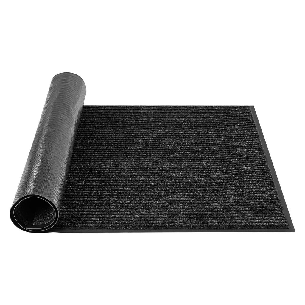Durable front door mat, rolled edge, dark grey with textured striped surface, 10 x 3 ft