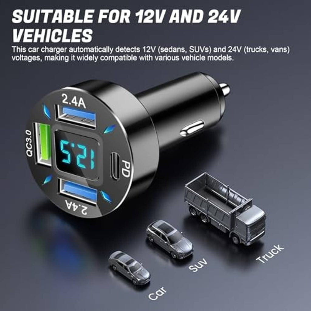 Black car charger adapter with LED display and USB-A plus USB-C ports