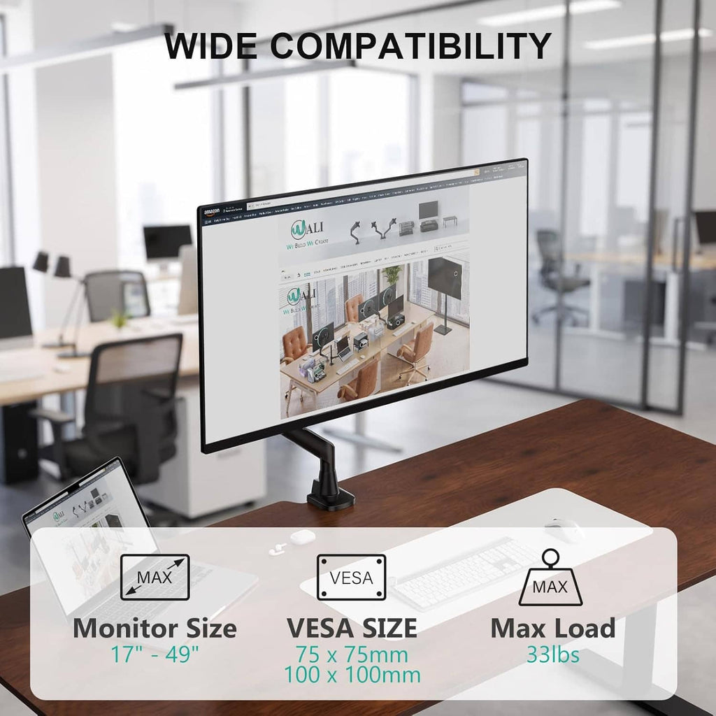Black ultrawide monitor arm on desk with VESA mount and compatibility overlay