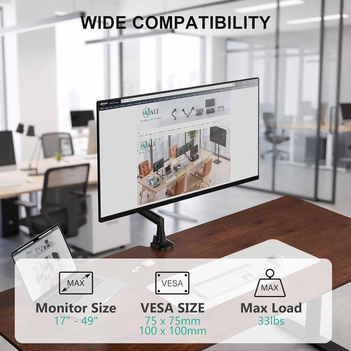 Black ultrawide monitor arm on desk with VESA mount and compatibility overlay