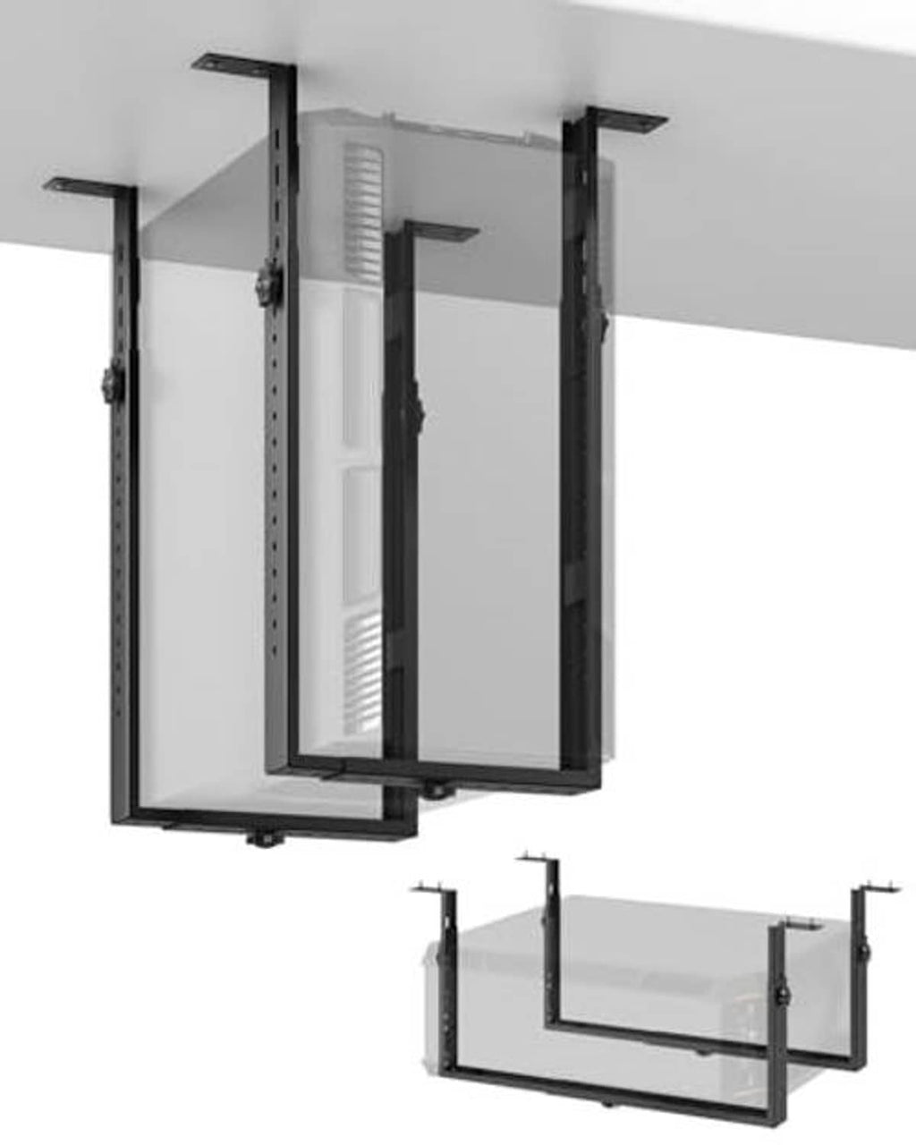 Black under-desk PC mount frame with side rails and base stand for tower cases