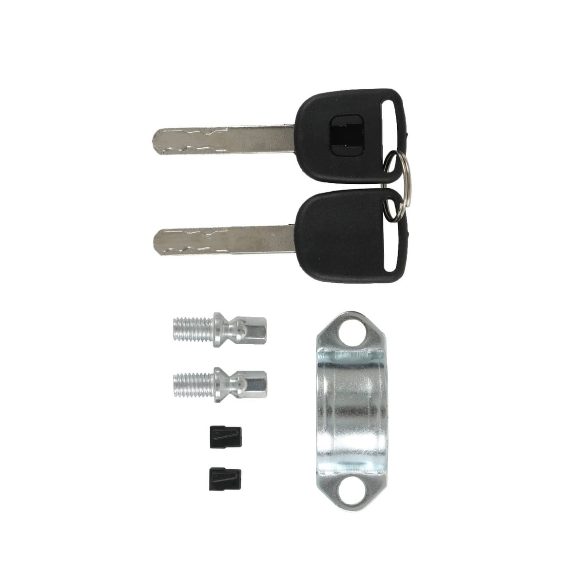 Ignition switch lock cylinder parts kit with two keys, bolts, and metal bracket