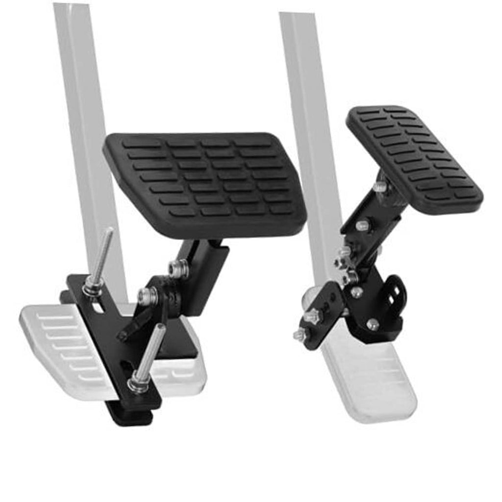 Black brake pedal extender with textured footpad and adjustable metal mounting bracket