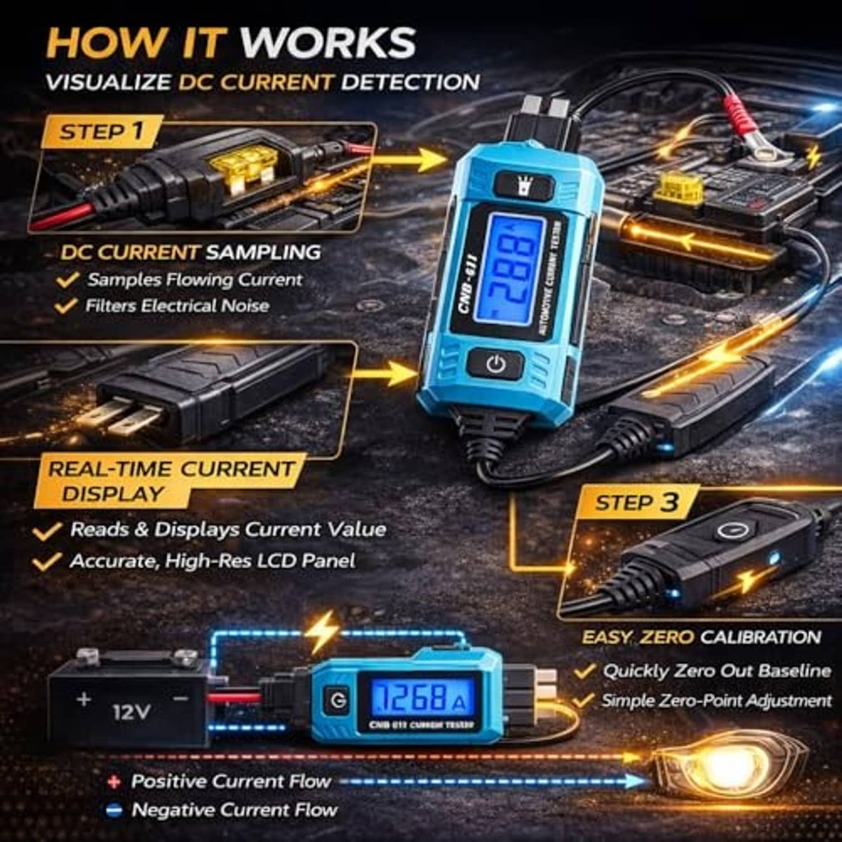 Blue automotive current tester with LCD display showing DC current value