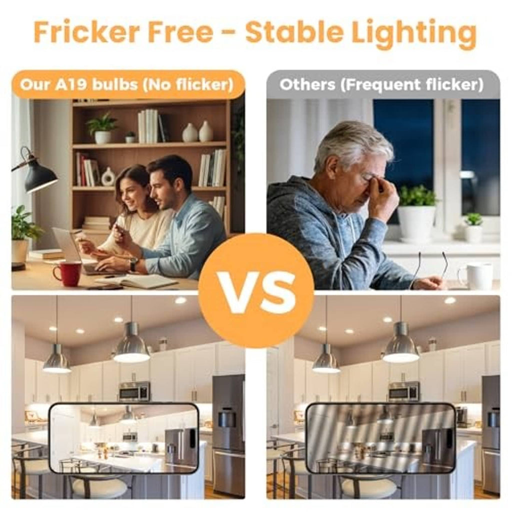 Flicker-free A19 LED bulbs shown with stable lighting in home and kitchen scenes