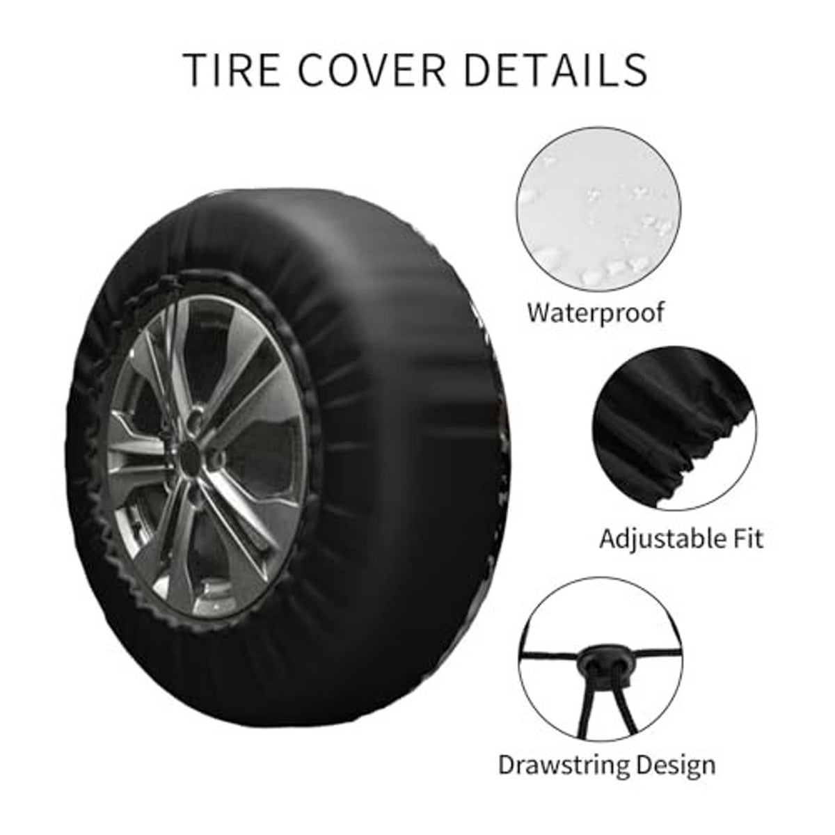 Black tire cover with bear mountain print, waterproof adjustable drawstring design