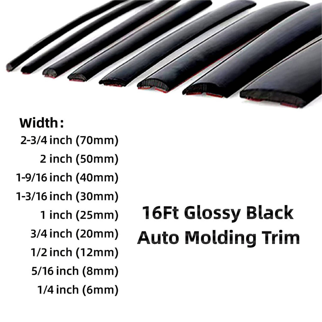 Glossy black automotive molding trim with width size options shown