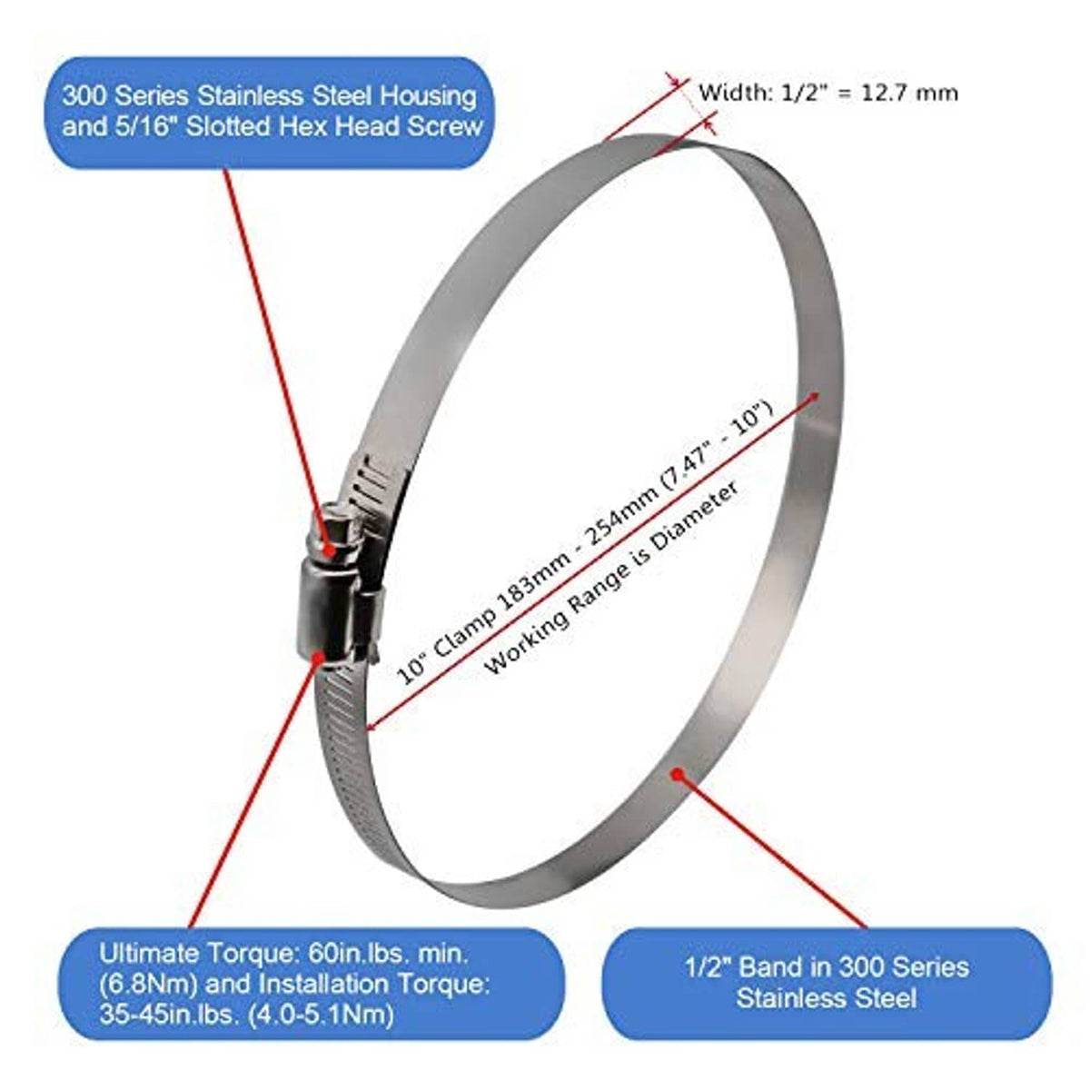 Stainless steel worm-drive hose clamp with hex head screw and band diameter range