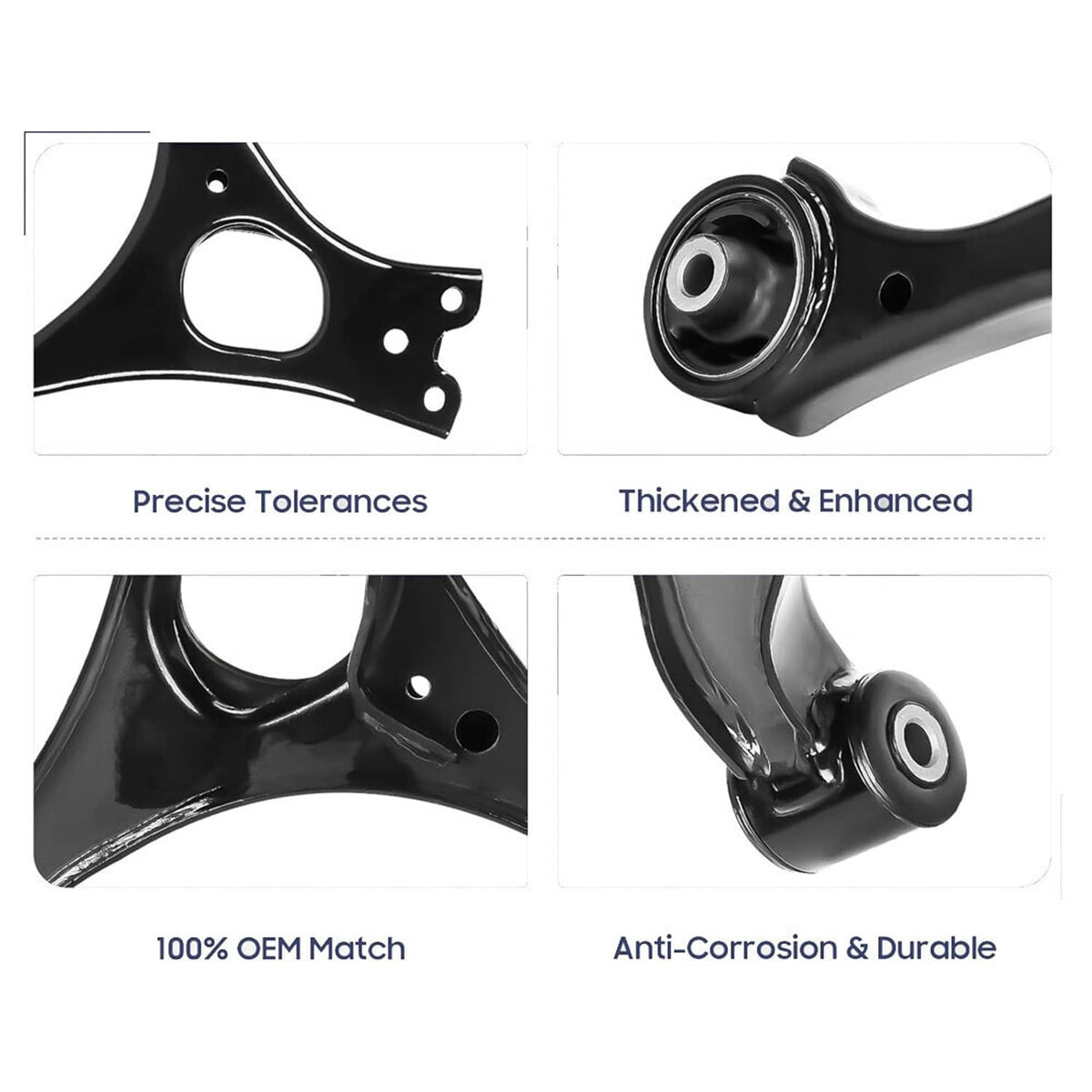 Front lower control arm showing reinforced bushing and mounting points