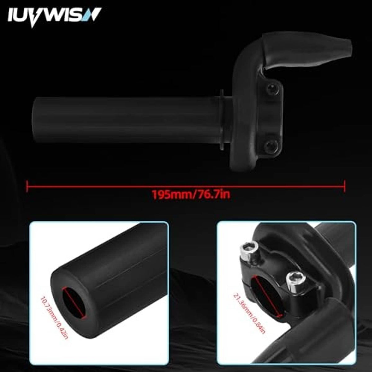 Black throttle grip with lever-style housing and pull cable