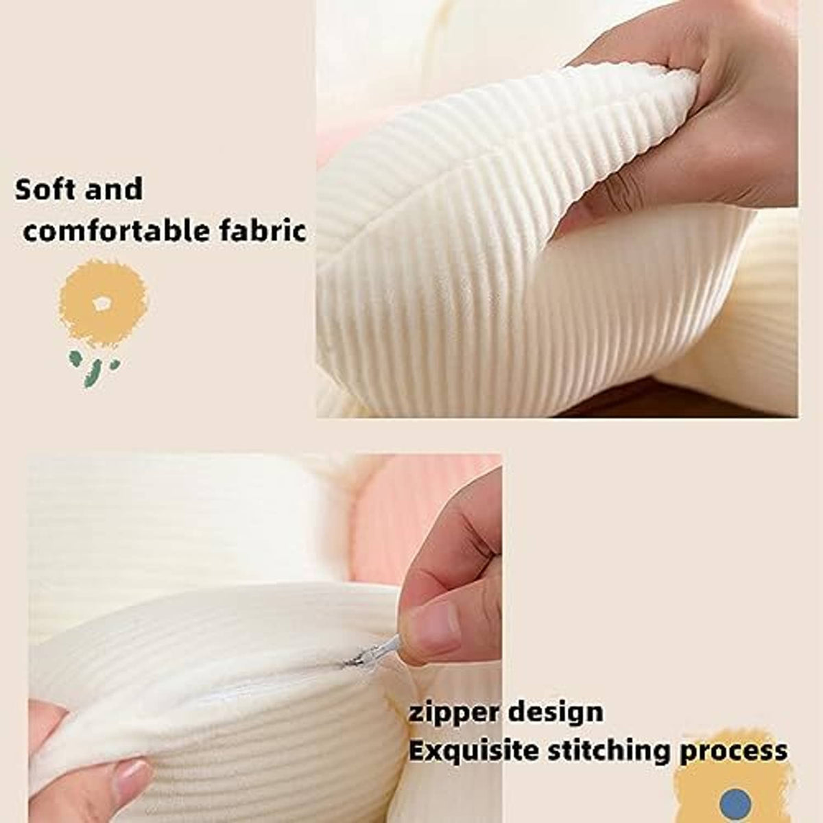White ribbed flower throw pillow cover with visible zipper seam
