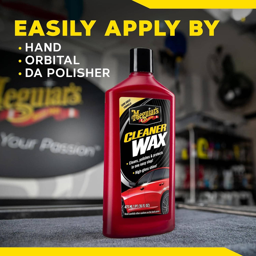 Red cleaner wax bottle on a surface; text says easy to apply by hand or polisher