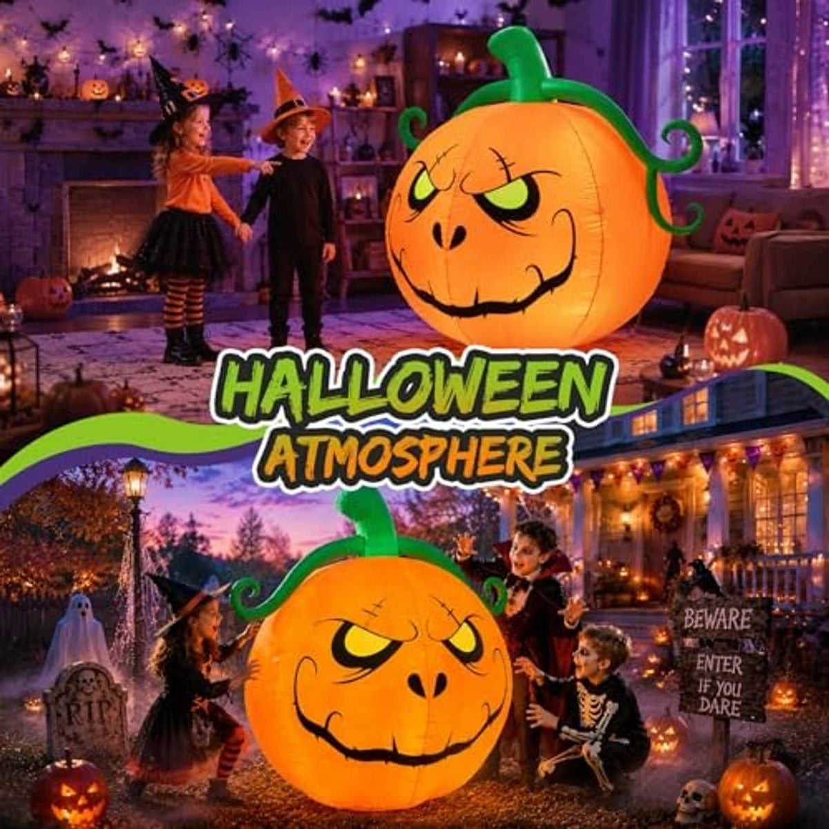 Lighted inflatable jack-o'-lantern pumpkin with green stem and spooky face decoration