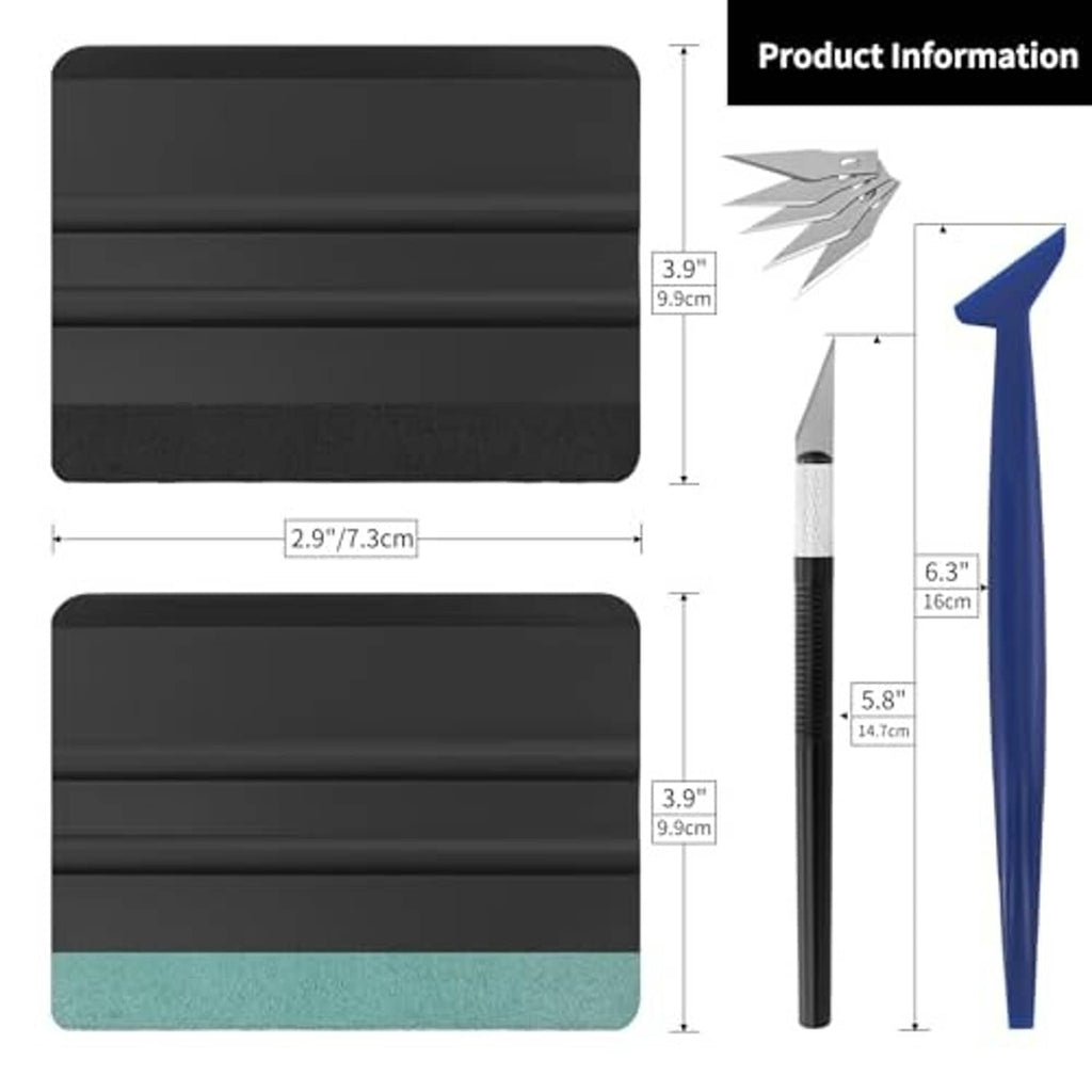 Window tint kit tool set with black squeegee handle, felt pads, blue applicator and blades