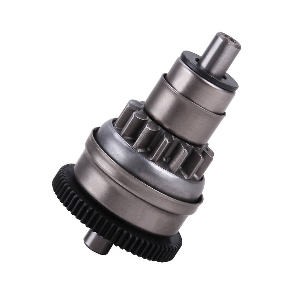 Starter clutch gear assembly, silver metal with black toothed ring and top shaft