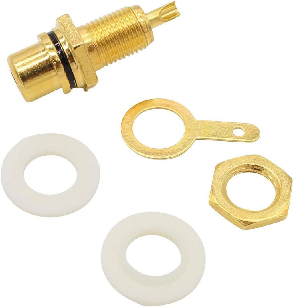 Gold-plated RCA panel-mount connector with white insulators, nut, and mounting hardware