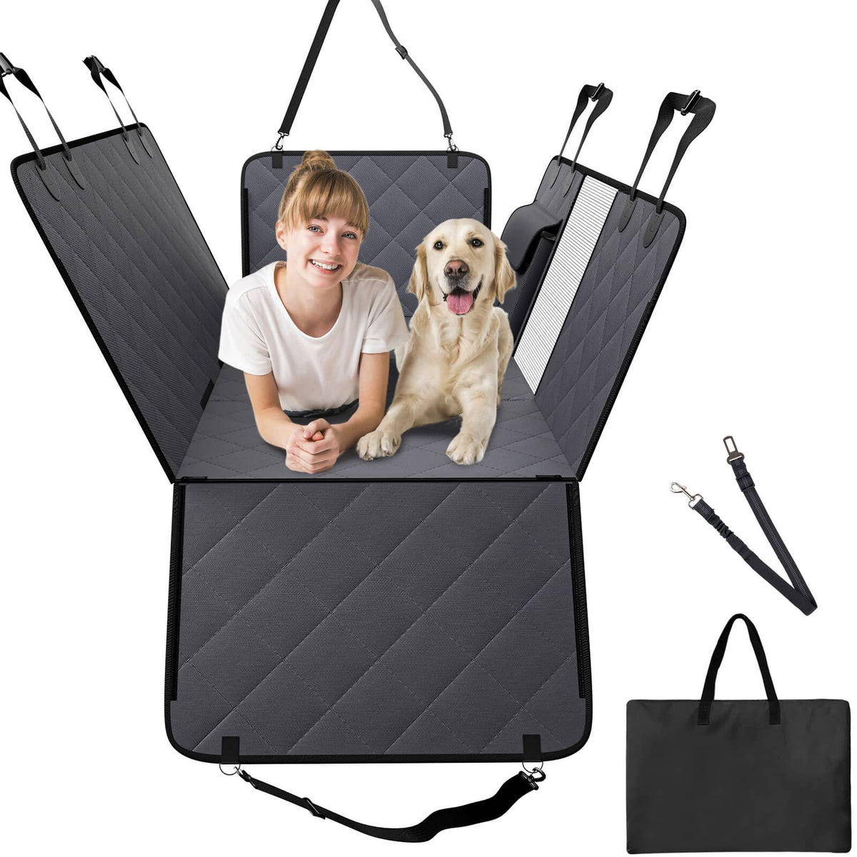 Waterproof dog car seat cover, quilted dark gray with hard bottom and side flaps