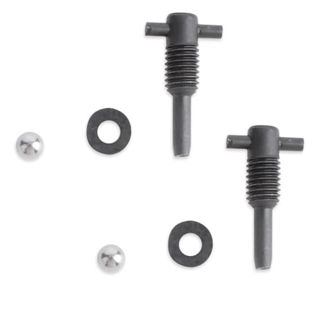 Hydraulic jack oil release valve set with two black valves, two washers, two screws