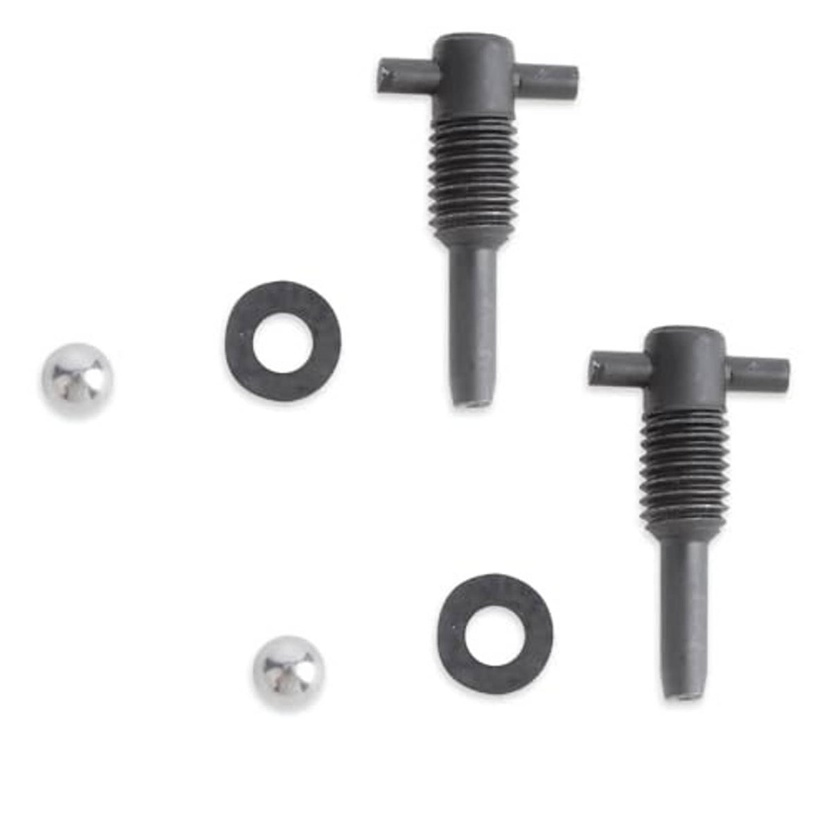 Hydraulic jack oil release valve set with two black valves, two washers, two screws