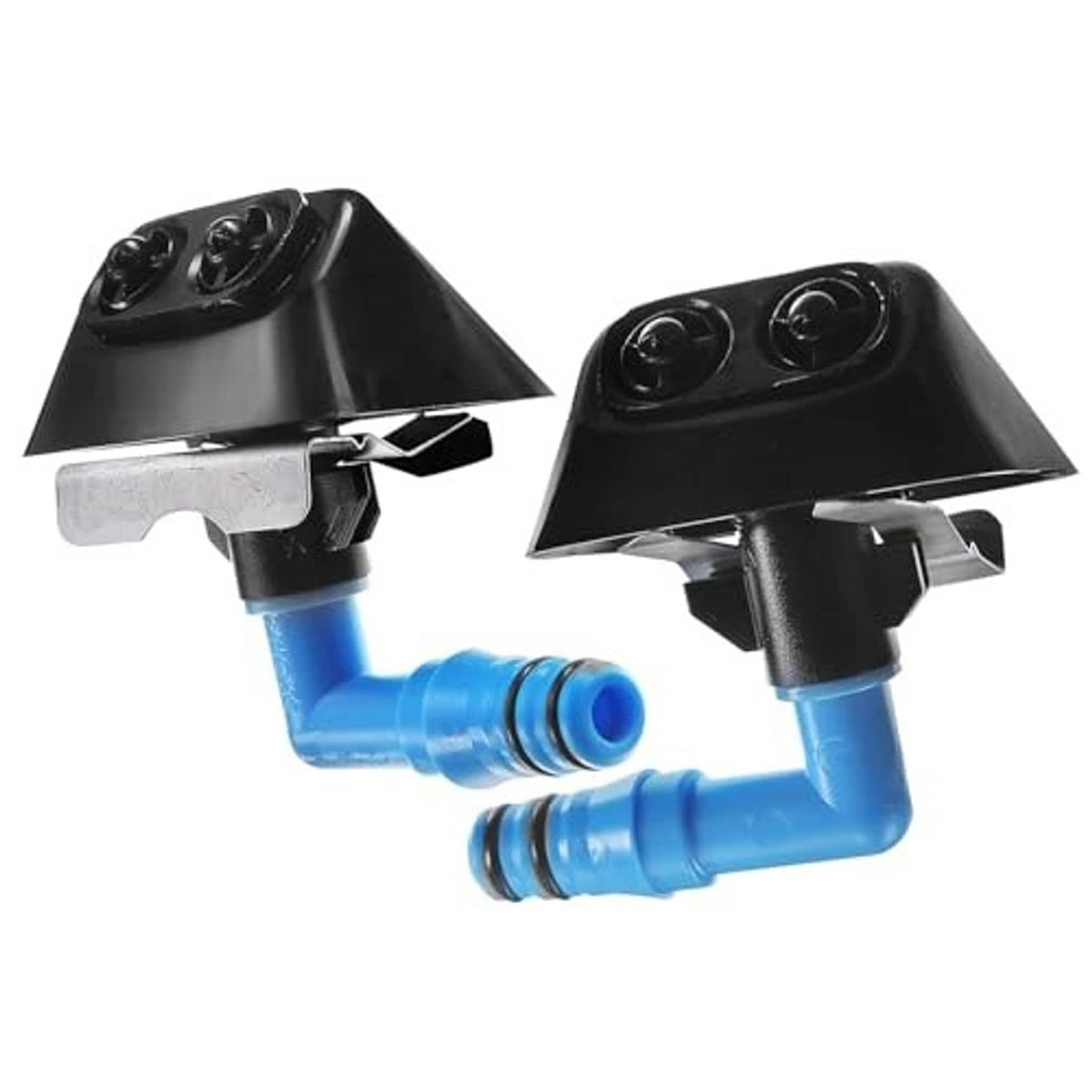 Two black headlight washer nozzle jets with blue hoses, front view