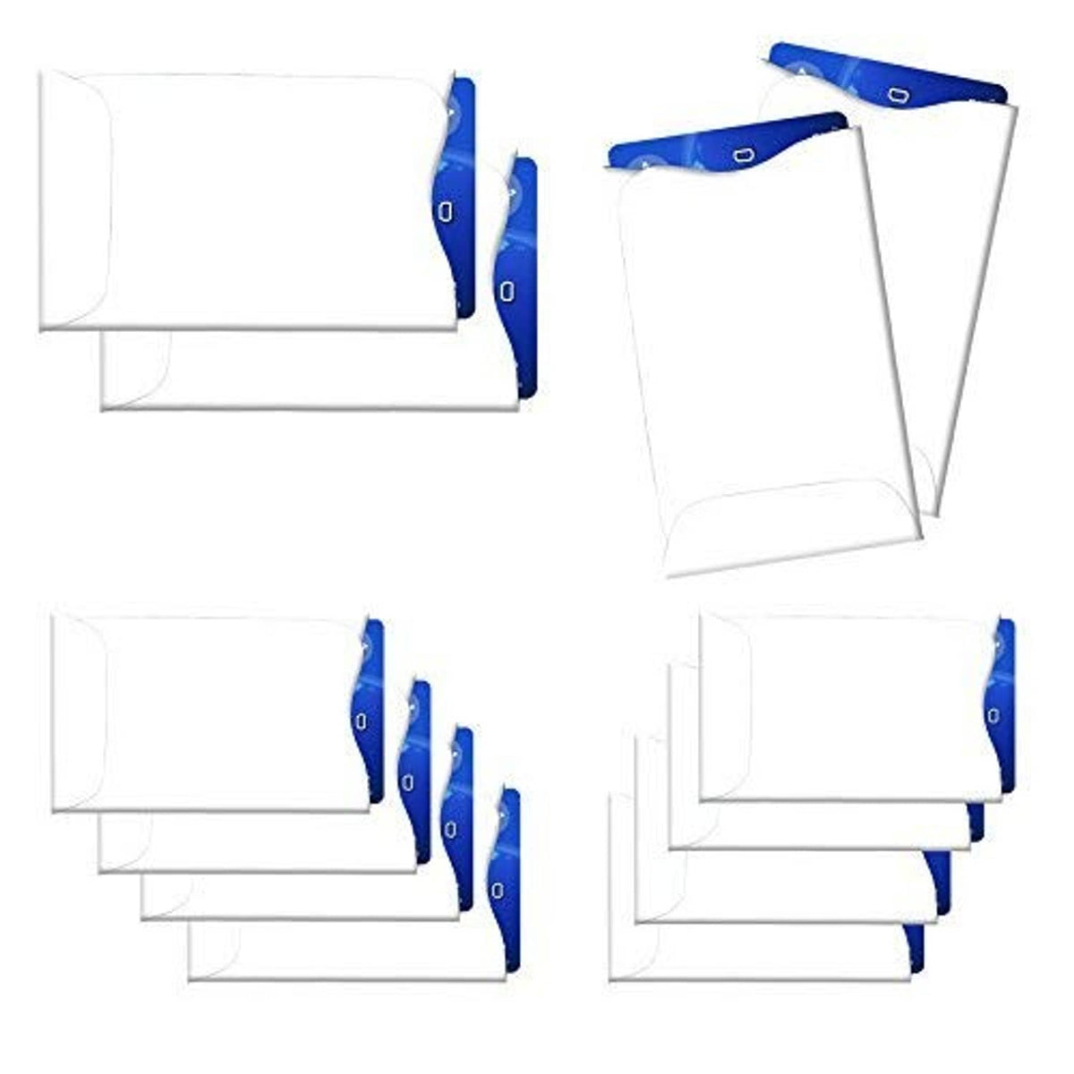 Set of white card sleeves for RFID blocking, stacked with blue security cards