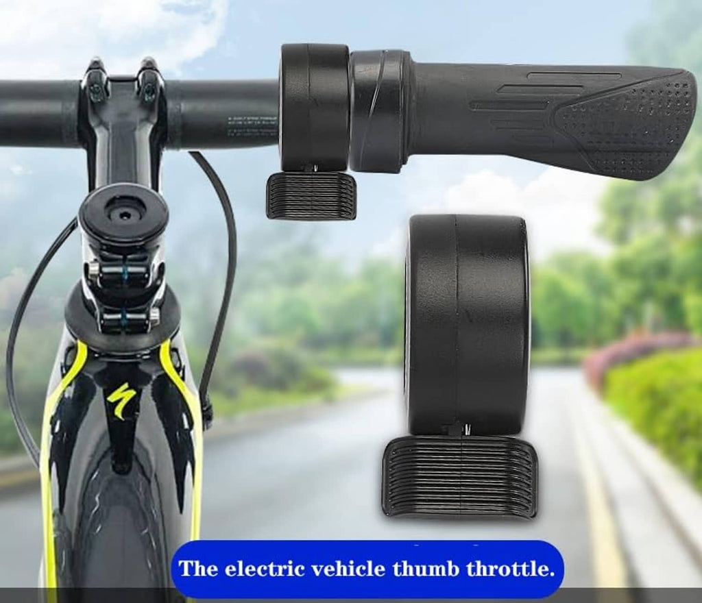 Black e-bike thumb throttle mounted on handlebar grip with cable