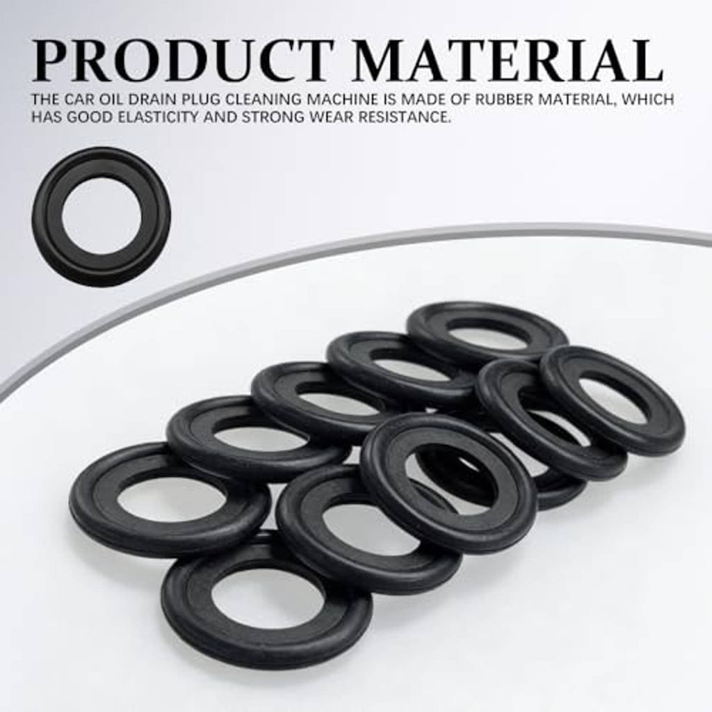 Black rubber oil drain plug gasket washers, shown as a group on a light base