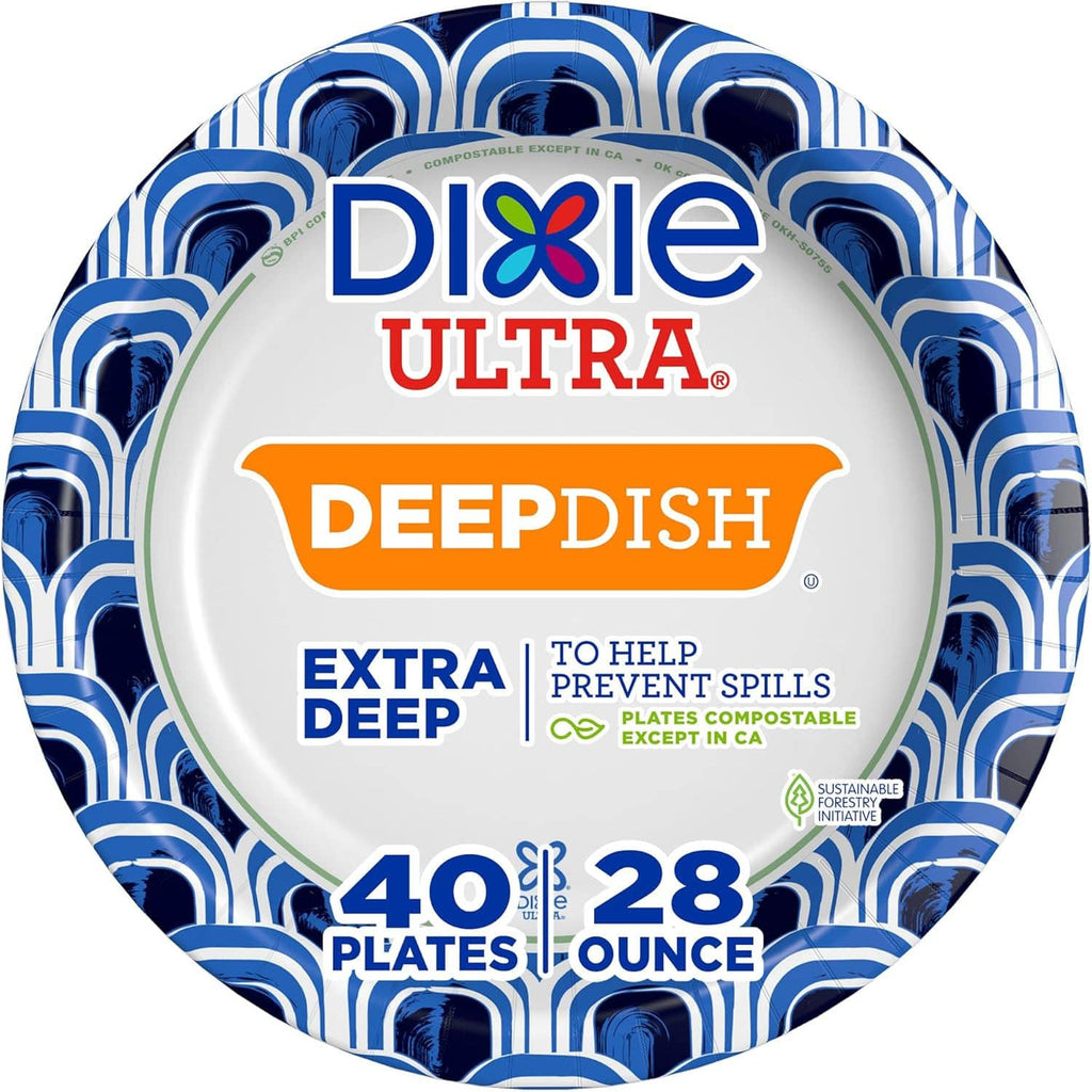 Dixie Ultra Deepdish paper plate with blue geometric border and extra deep label, 28 oz