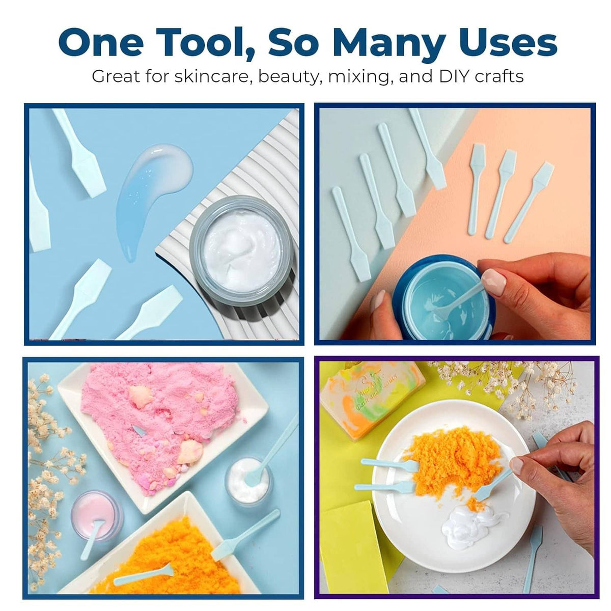 Assorted uses of sky blue mini skincare spatulas for creams and crafts