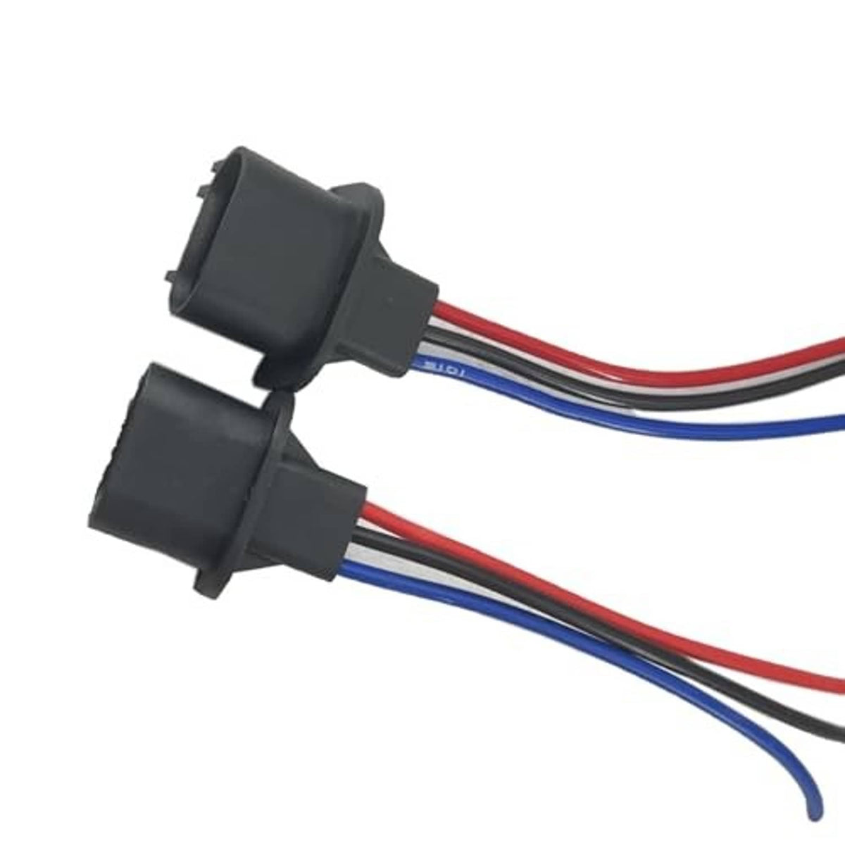Male headlight socket pigtails with black connectors and red/blue/black wire leads