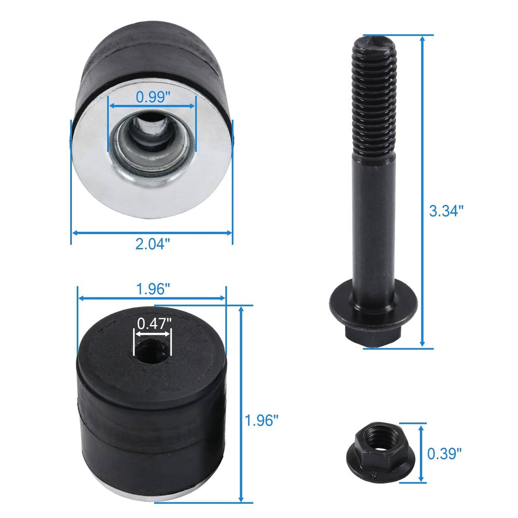 Black rubber bushings and threaded mounting bolts with washers; size reference labels