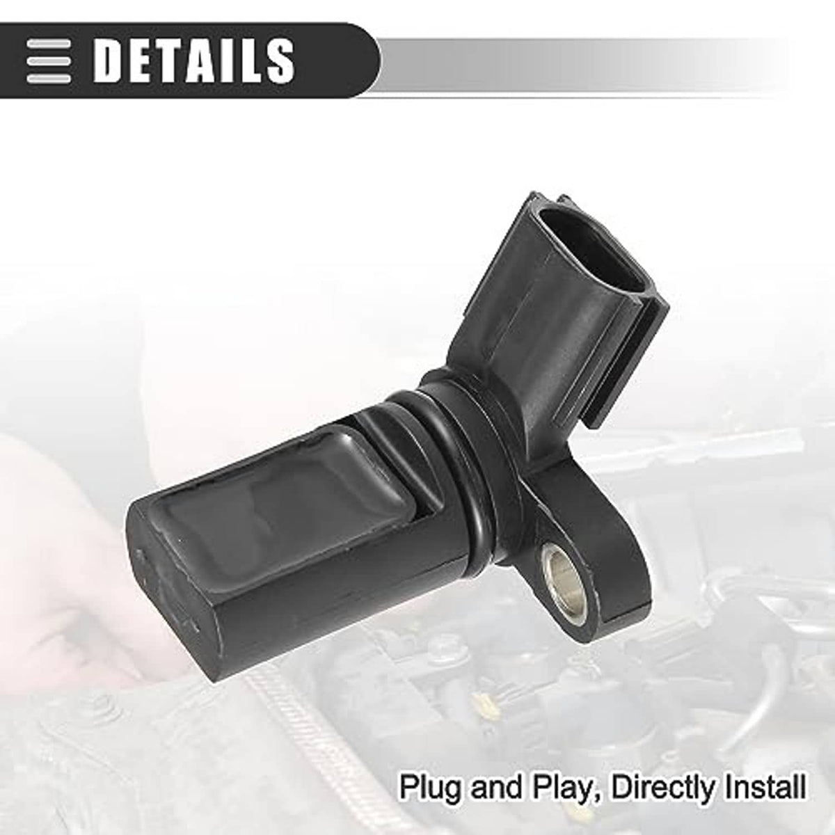 Camshaft position sensor plug and mounting eye, black plastic with metal pin