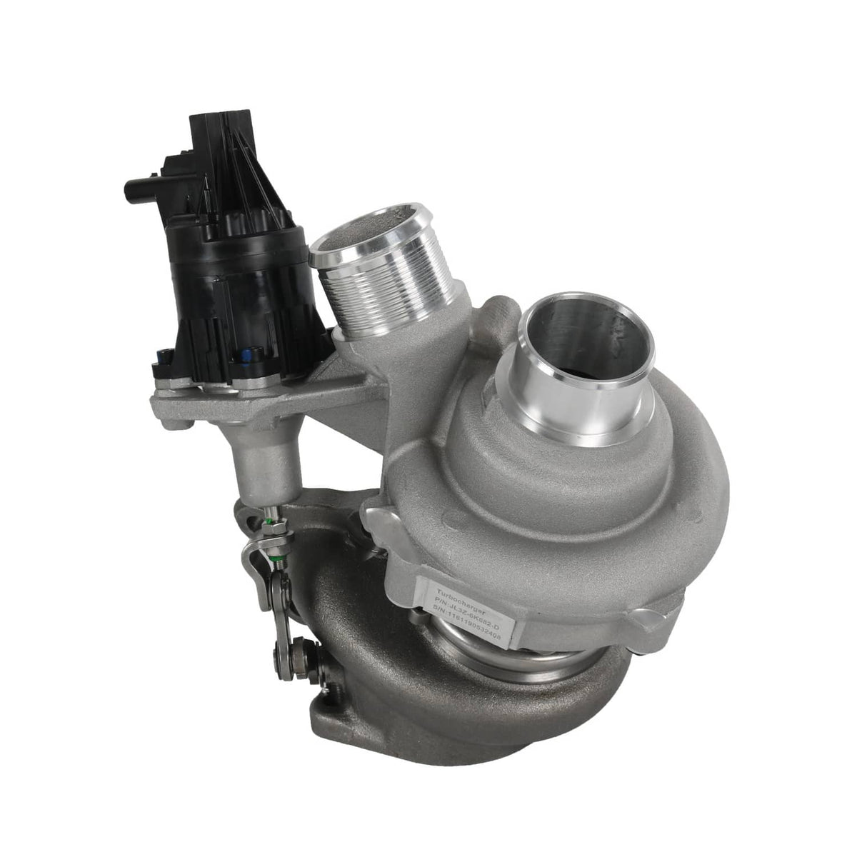 Right-side turbocharger with curved exhaust housing, silver fittings, and black wiring connector