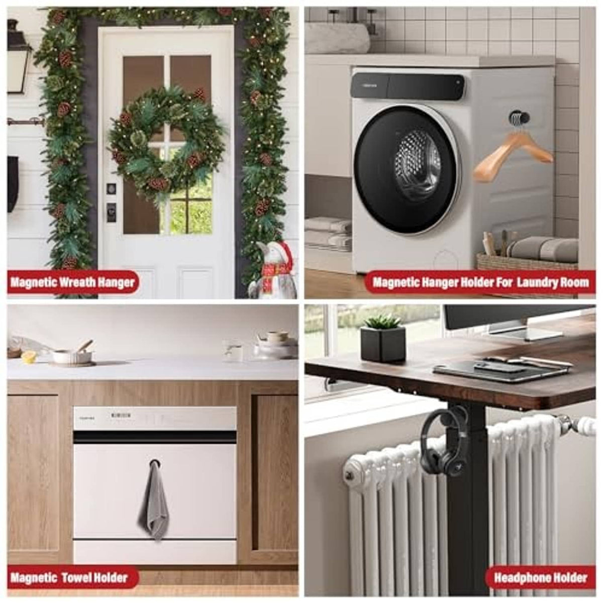 Magnetic hooks used for wreath, towel, and headphone holder in home spaces