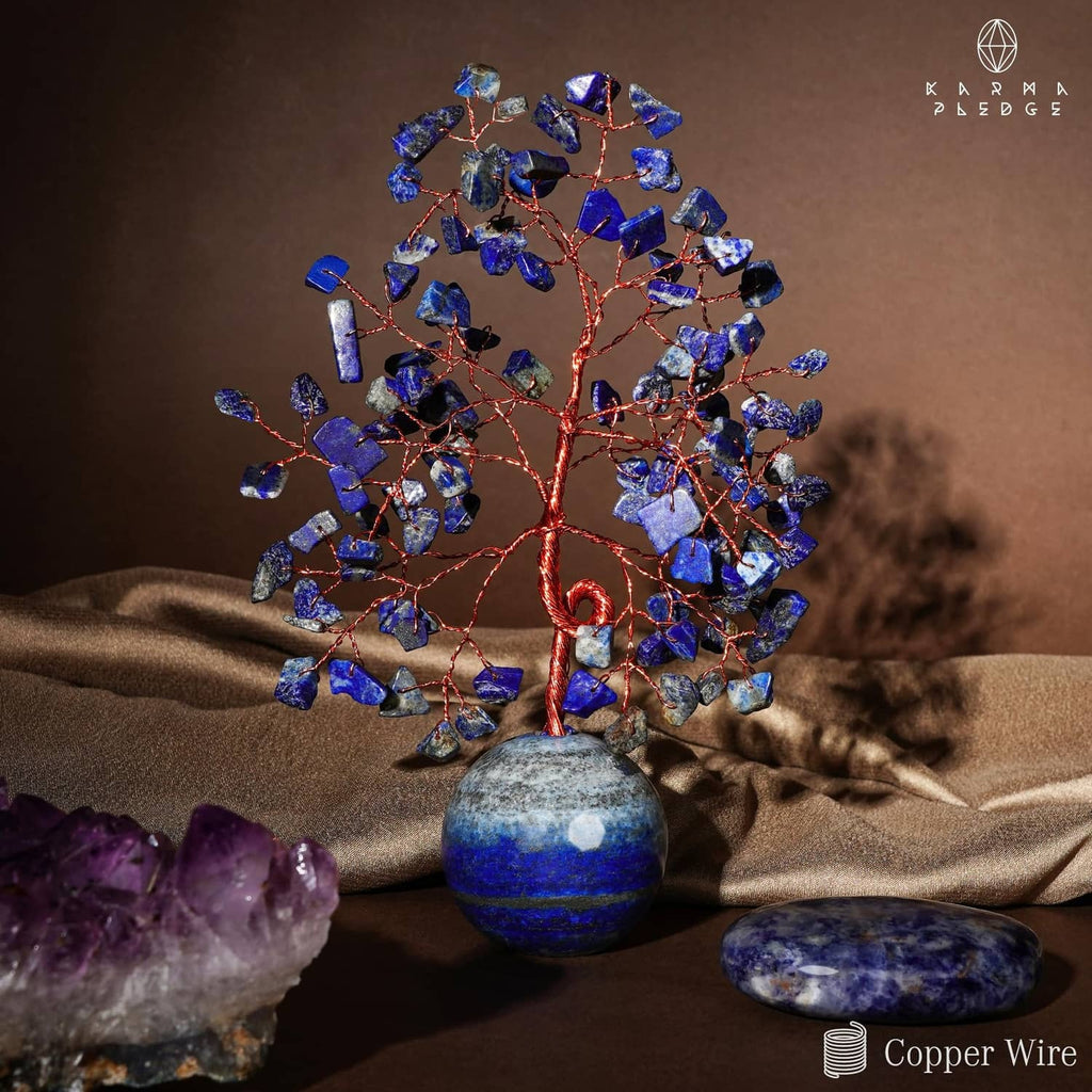 Lapis lazuli crystal Tree of Life with copper wire branches and round blue stone base