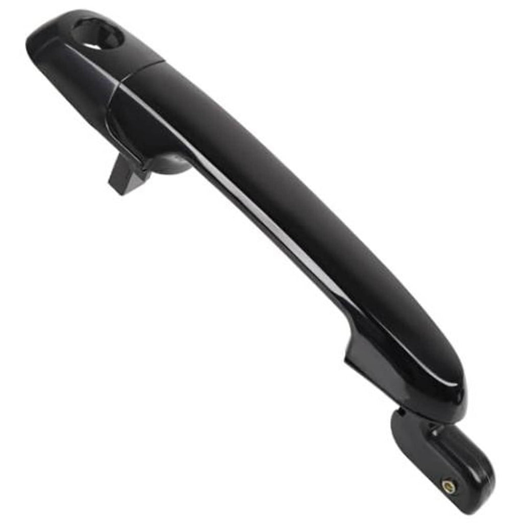 Black exterior door handle with smooth surface and keyhole opening, front right passenger side