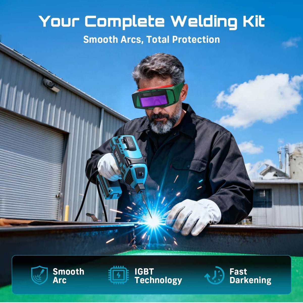Complete welding kit with handheld blue SEESII welder and purple welding helmet