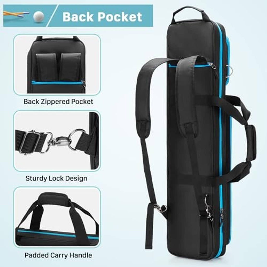 Black pool cue case with blue trim, back zippered pocket and padded carry handle