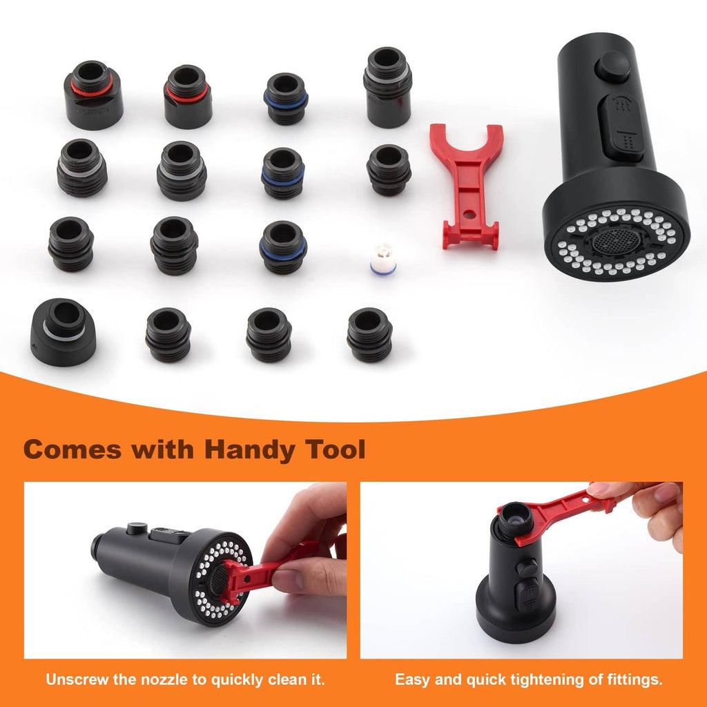 Matte black faucet head replacement kit with adapters and red tool for quick installation